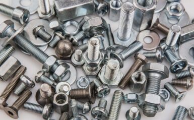 Many fasteners and bolts in steel