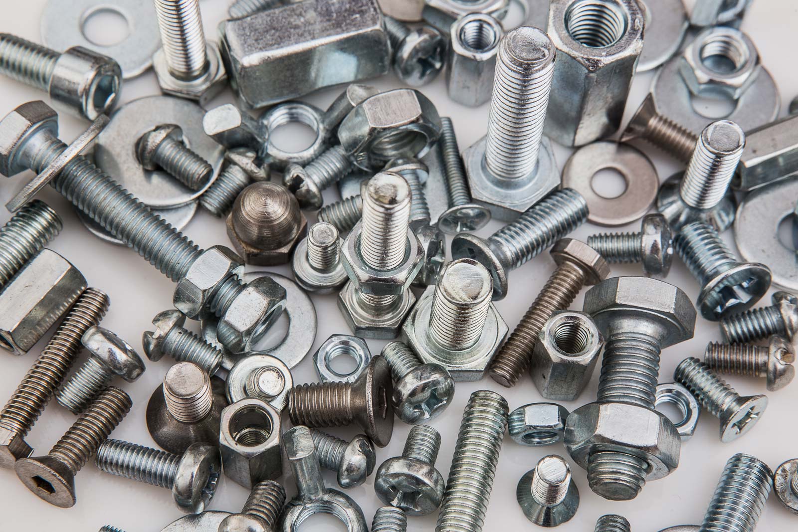 Many fasteners and bolts in steel