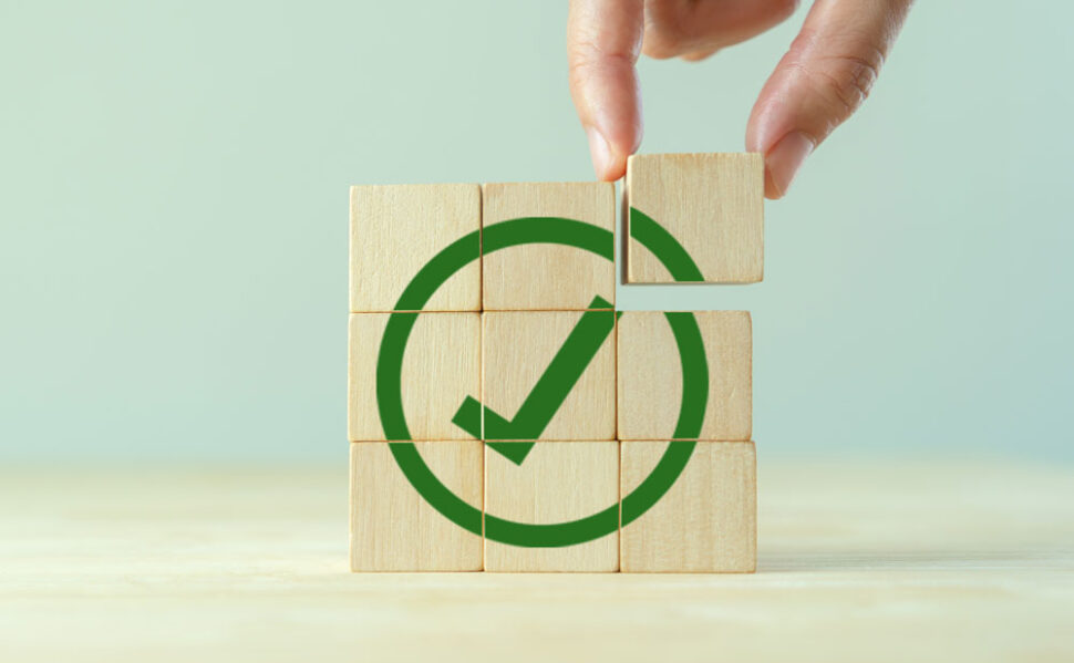 Nine small wooden bricks with green check mark