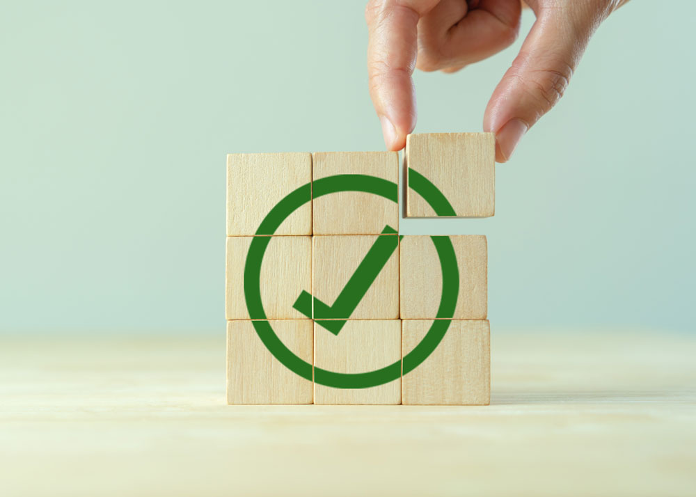 Nine small wooden bricks with green check mark